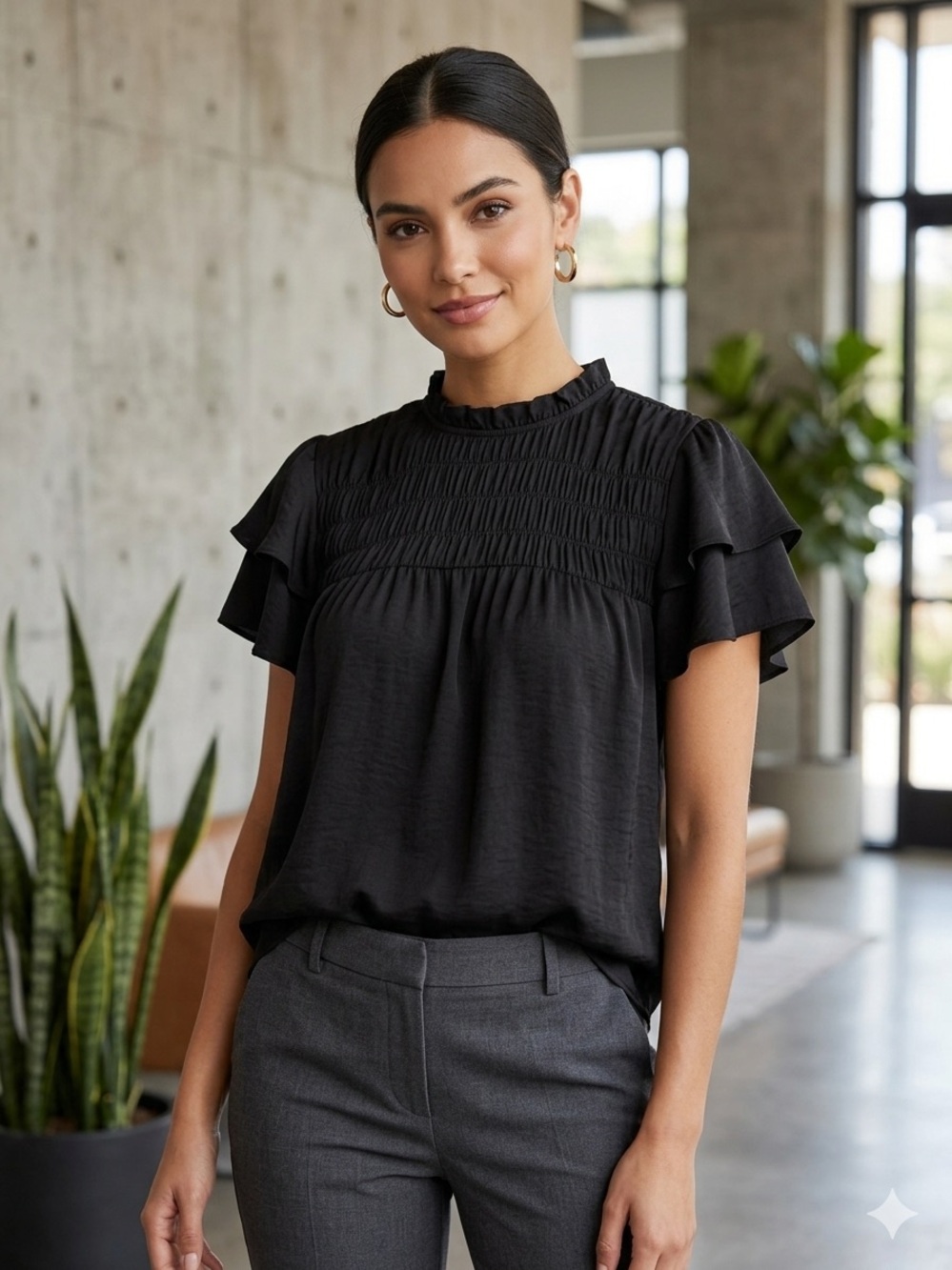 Ann Taylor Black Smocked Mock Neck Blouse Tiered Flutter Sleeve Medium